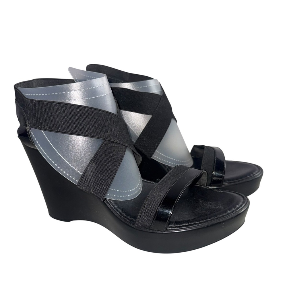 Italian Shoemakers Black Elastic Crisscross Platform Wedge Sandals Womens 8.5